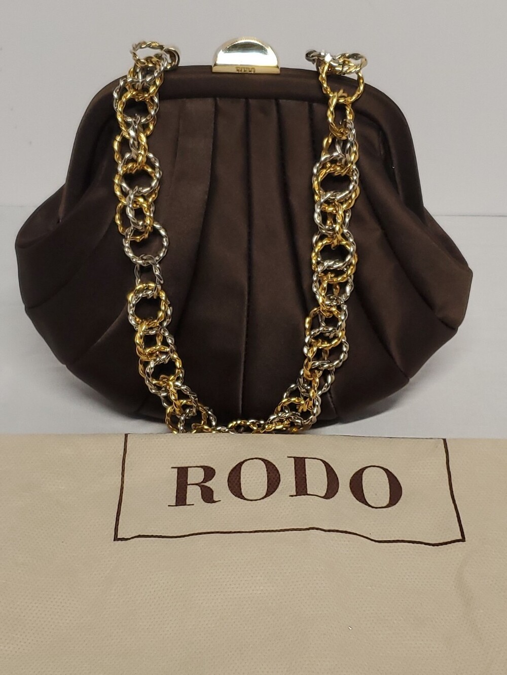 RODO Brown Satin Pleated Evening Bag with Gold Chain